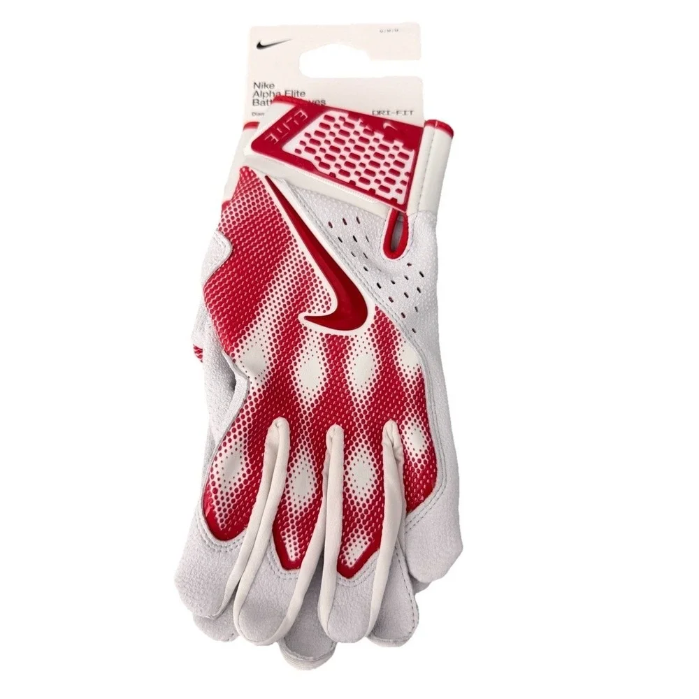 Nike Unisex's Alpha Elite Baseball‎ Batting Gloves Dri-FIT Size Medium Red White